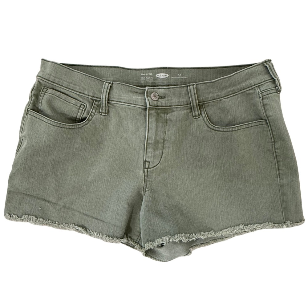 Old Navy Womens Olive Green Cut Off Denim Shorts Size 12 Mid Rise Stretch Frayed